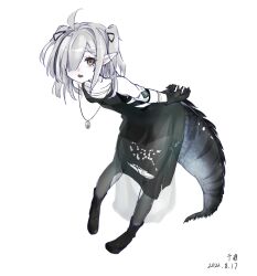 Rule 34 | 1girl, absurdres, ahoge, arknights, armlet, arms behind back, black bow, black dress, black footwear, black gloves, black pantyhose, boots, bow, brown eyes, crocodilian tail, dated, dress, eyelashes, fang, gloves, grey hair, hair bow, hair over one eye, highres, jewelry, kagura-chitose (pixiv 68338191), leaning forward, looking at viewer, medium hair, necklace, pale skin, pantyhose, parted lips, pointy ears, signature, simple background, solo, standing, tail, tomimi (arknights), torn clothes, torn dress, torn pantyhose, two side up, white background