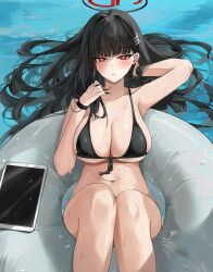 Rule 34 | 1girl, afloat, armpits, bikini, black bikini, black hair, blue archive, blush, bracelet, breasts, bright pupils, dema hmw, hair ornament, hairclip, highres, innertube, jewelry, large breasts, long hair, looking at viewer, navel, red eyes, rio (blue archive), solo, swim ring, swimsuit, tablet pc, very long hair, wet, white pupils