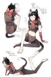Rule 34 | 1girl, animal ears, arm guards, arm support, armor, bare legs, bare shoulders, barefoot, black hair, body fur, bow, brown skirt, cat ears, cat girl, cat tail, closed eyes, crop top, dungeon meshi, facing away, full body, hamkong 0311, hands on own chin, happy, head rest, highres, izutsumi, knee up, knees up, korean commentary, korean text, leather armor, lying, midriff, multiple views, navel, on stomach, open mouth, profile, red bow, red scarf, scarf, short hair, simple background, sitting, skirt, sleeveless, smile, swept bangs, tail, white background, yawning