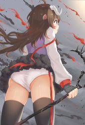 Rule 34 | 1girl, ahoge, animal ears, arknights, ass, bad id, bad pixiv id, black thighhighs, brown hair, commentary request, cowboy shot, eyjafjalla (arknights), from behind, grey background, highres, holding, holding staff, horns, long hair, long sleeves, panties, red eyes, revision, sheep ears, sheep horns, solo, staff, standing, thighhighs, thighs, underwear, white panties, yuetsu