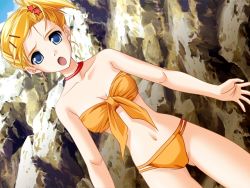 Rule 34 | 1girl, :o, bandeau, bikini, blonde hair, blue eyes, breasts, choker, cleavage, cloud, colorful kiss, day, dutch angle, front-tie top, game cg, hair ornament, hairclip, large breasts, looking at viewer, navel, oonishi konatsu, open mouth, orange bikini, outdoors, rock, sagisawa anzu, short hair, side ponytail, sky, solo, standing, star (symbol), star hair ornament, swimsuit