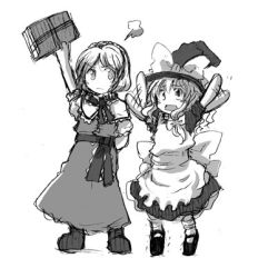 Rule 34 | 2girls, alice margatroid, arm behind back, bullying, female focus, greyscale, hat, kirisame marisa, lowres, monochrome, multiple girls, tako (plastic protein), touhou, witch hat
