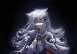 Rule 34 | 1girl, animal ears, arknights, black background, black dress, black gloves, blood, blood on face, chain, dress, gloves, gold chain, grey eyes, grey hair, hair ornament, hairclip, hand up, index finger raised, lappland (arknights), lappland (refined horrormare) (arknights), long hair, looking at viewer, official alternate costume, parted lips, simple background, smile, solo, upper body, wolf ears, wolf girl, zhongerdechuqing
