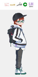 Rule 34 | 10s, 1girl, anne (wixoss), backpack, bag, bag charm, baseball cap, black hat, black pants, blunt bangs, brown hair, charm (object), closed mouth, from side, full body, glasses, green-framed eyewear, green eyes, grey background, hand in pocket, hat, highres, hood, hood down, hooded jacket, jacket, long hair, long sleeves, looking at viewer, looking to the side, pants, shamonabe, shoes, simple background, sneakers, solo, standing, white footwear, white jacket, wixoss