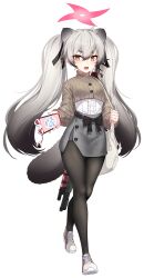 Rule 34 | 1girl, animal ears, armor, black hair, black pantyhose, blue archive, brown eyes, brown footwear, brown jacket, cellphone, center frills, cropped jacket, dev (dev0614), frills, full body, gradient hair, grey hair, grey skirt, gun, hair between eyes, halo, highres, holding, holding phone, jacket, long sleeves, michiru (blue archive), multicolored hair, pantyhose, phone, puffy long sleeves, puffy sleeves, pump action, remington 870, shirt, shoes, short eyebrows, shotgun, shoulder armor, simple background, skirt, solo, standing, tail, thick eyebrows, twintails, weapon, white background, white shirt