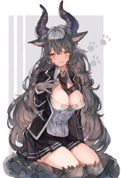 Rule 34 | 1girl, absurdres, animal ears, between breasts, black jacket, black necktie, black skirt, breasts, buttons, cat ears, cleavage, cleavage cutout, clothing cutout, collared shirt, commentary, commission, full body, grey hair, hand up, highres, horns, jacket, kemomin nosuke, light blush, long hair, looking away, monster girl, necktie, necktie between breasts, original, paw print, seiza, shirt, sitting, skeb commission, skirt, solo, tentacles, very long hair, white shirt, yellow eyes