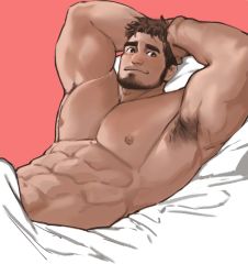 Rule 34 | 1boy, abs, armpit hair, armpits, arms on head, arms up, bara, bare pectorals, beard, bed sheet, brown hair, dark-skinned male, dark skin, dopey (dopq), facial hair, from side, highres, large pectorals, looking at viewer, lying, male focus, mature male, muscular, muscular male, naked sheet, nipples, on back, on bed, original, pectorals, short hair, solo, stomach