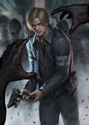 Rule 34 | 1boy, blonde hair, capcom, gun, highres, jacket, leon s. kennedy, male focus, resident evil, resident evil 6, solo, weapon, wing shooter, zombie