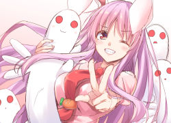 Rule 34 | 1girl, :&gt;, :3, :x, animal ears, bad id, bad pixiv id, blush, breasts, carrot, commentary request, d:, gradient background, grin, hisae (hisae collect), holding, kune-kune, large breasts, long hair, looking at viewer, nail polish, necktie, one eye closed, open mouth, pink background, pink nails, pink shirt, puffy short sleeves, puffy sleeves, purple hair, rabbit ears, red eyes, red necktie, reisen udongein inaba, shirt, short sleeves, sketch, smile, solo, touhou, upper body, urban legend in limbo, very long hair, w, white background