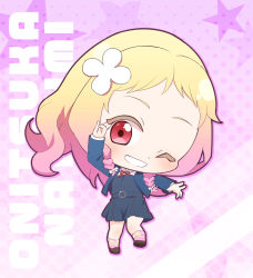 Rule 34 | 1girl, ;d, blonde hair, blue jacket, bow, brown footwear, character name, chibi, commentary, dress, english text, flower, gradient hair, grey dress, grin, hair bow, hair flower, hair ornament, halftone, halftone background, highres, jacket, loafers, looking at viewer, love live!, love live! superstar!!, multicolored hair, neck ribbon, ok sign, one eye closed, onitsuka natsumi, open mouth, pinafore dress, pink hair, pink socks, purple background, red eyes, red ribbon, revision, ribbon, saki usagi, school uniform, shoes, short bangs, shrug (clothing), signature, sleeveless dress, smile, socks, solo, white bow, white flower, winter uniform, yuigaoka school uniform