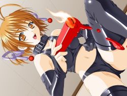 Rule 34 | 1girl, android type b, bdsm, berry&#039;s, black thighhighs, boots, candle, collar, dominatrix, dutch angle, game cg, jpeg artifacts, latex, matching hair/eyes, navel, orange eyes, orange hair, solo, suzuhira hiro, thigh boots, thighhighs, tune up!!, wax