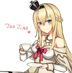 Rule 34 | 10s, 1girl, blonde hair, blue eyes, braid, breasts, crown, cup, dress, french braid, hair between eyes, heart, highres, holding, holding cup, jewelry, kantai collection, long hair, long sleeves, medium breasts, mini crown, necklace, off-shoulder dress, off shoulder, simple background, smile, solo, teacup, warspite (kancolle), white background, white dress, yuubokumin