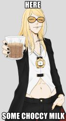 Rule 34 | 1boy, absurdres, black jacket, black nails, blonde hair, blue eyes, cigarette, cowboy shot, cup, english text, fate/grand order, fate (series), flapper shirt, hand in pocket, highres, holding, holding cup, hot chocolate, jacket, jewelry, jewelryduelist, long hair, looking at viewer, male focus, medallion, necklace, open clothes, open jacket, orange-tinted eyewear, shirt, signature, simple background, solo, sunglasses, tezcatlipoca (fate), tinted eyewear, white background, white shirt