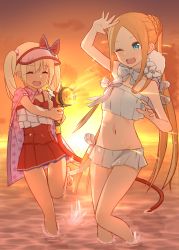 Rule 34 | 2girls, abigail williams (fate), abigail williams (swimsuit foreigner) (fate), abigail williams (swimsuit foreigner) (third ascension) (fate), absurdres, bare shoulders, beach, bikini, blonde hair, blue eyes, blush, bonnet, bow, breasts, cape, closed eyes, covered navel, dress swimsuit, fate/grand order, fate (series), forehead, highres, hose, hose nozzle, illyasviel von einzbern, illyasviel von einzbern (swimsuit archer), illyasviel von einzbern (swimsuit archer) (second ascension), inflatable armbands, kopaka (karda nui), long hair, magical ruby, miniskirt, multiple girls, navel, ocean, one-piece swimsuit, one eye closed, open mouth, orange sky, parted bangs, red bow, red headwear, red one-piece swimsuit, shore, sidelocks, skirt, sky, small breasts, smile, star (symbol), star print, sunset, swimsuit, thighs, twintails, very long hair, visor cap, white bikini, white hair, white headwear