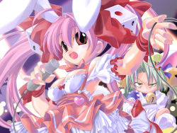 Rule 34 | 2girls, anger vein, angry, animal ears, apron, armpits, bare shoulders, bell, breasts, cable, cleavage, dejiko, di gi charat, green eyes, green hair, hair bell, hair ornament, heart, jingle bell, long hair, looking at viewer, medium breasts, microphone, multiple girls, music, open mouth, pink hair, puffy short sleeves, puffy sleeves, red eyes, short sleeves, singing, socks, twintails, underbust, upper body, usada hikaru, very long hair, white legwear
