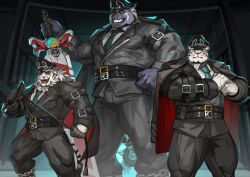 Rule 34 | absurdres, alternate costume, animal ears, arknights, bara, black gloves, black headwear, black pants, bulge, byakko no rangetsu, dislyte, feet out of frame, fist in hand, furry, furry male, gloves, green necktie, height difference, highres, holding, jin qiu (ru shou) (dislyte), large pectorals, looking at viewer, male focus, matching outfits, mature male, mountain (arknights), muscular, muscular male, necktie, onmyou taisenki, pants, pectorals, prison, short hair, strongman waist, sunglasses, thick eyebrows, thick thighs, thighs, tiger boy, tiger ears, traver009, white fur