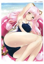 Rule 34 | 1girl, absurdres, animal ears, arm behind head, arm up, armpits, artist name, ass, bare shoulders, beach, blue one-piece swimsuit, blush, breasts, cat ears, cat tail, closed mouth, collarbone, competition swimsuit, eyebrows, fingernails, from side, highres, horizon, innertube, large breasts, legs together, long hair, looking at viewer, lying, ocean, on side, one-piece swimsuit, original, outdoors, pink hair, pink lips, polka dot, polka dot innertube, scan, smile, solo, swim ring, swimsuit, tail, tiger ears, tiger tail, toranoana, water, yagami shuuichi, yellow eyes