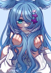 Rule 34 | 1girl, absurdres, artist name, blue background, blue eyes, blue hair, blush, commentary, craymer, elira pendora, elira pendora (1st costume), hair over one eye, highres, holding, holding own hair, long hair, looking at viewer, mole, nijisanji, nijisanji en, off shoulder, one eye covered, portrait, smile, solo, sweater, symbol-only commentary, virtual youtuber, white sweater