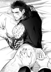 Rule 34 | aftersex, anal, ass, bara, bed, blush, body hair, bottomless, cum, cum on ass, facial hair, final fantasy, final fantasy xv, fingering, gladiolus amicitia, male focus, male penetrated, scar, solo focus, steam, sweat, tattoo