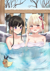 Rule 34 | 2girls, alternate hairstyle, bare shoulders, bare tree, black hair, blush, breasts, brown eyes, cleavage, closed mouth, collarbone, commentary, cowboy shot, embarrassed, eyelashes, fence, frown, hair between eyes, hair bun, hair ribbon, hand up, highres, inoue takina, kisara keyy, large breasts, long hair, looking at breasts, looking at viewer, lycoris recoil, multiple girls, naked towel, nishikigi chisato, one side up, onsen, open mouth, outdoors, partially submerged, purple eyes, red ribbon, ribbon, ripples, rubber duck, short hair, sidelocks, single hair bun, snow, snowing, sweatdrop, towel, tree, v-shaped eyebrows, water, wavy mouth, winter