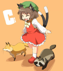 Rule 34 | 1girl, animal ears, ario, brown hair, cat ears, cat girl, cat tail, chen, earrings, female focus, fox, hat, jewelry, multiple tails, short hair, solo, tail, tanuki, touhou