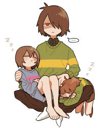 Rule 34 | ..., 3others, :|, = =, absurdres, androgynous, antenna hair, barefoot, blue sweater, blunt bangs, brown hair, brown pants, brown shorts, chara (undertale), child, closed eyes, closed mouth, crossed arms, deltarune, frisk (undertale), full body, green sweater, hair over one eye, hand on another&#039;s head, height difference, highres, in-franchise crossover, kris (deltarune), long sleeves, looking at viewer, multiple others, one eye covered, open mouth, other focus, pants, red eyes, shaded face, short hair, shorts, simple background, sitting, sitting on lap, sitting on person, sleeping, spoken ellipsis, sweater, tadeno, undertale, white background, zzz