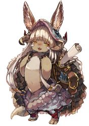 Rule 34 | 1other, :3, animal ears, backpack, bag, baggy pants, blush, chobi (sakuyasakuhana), claws, commentary request, ears through headwear, facial mark, fang, full body, furry, hair rings, helmet, horns, long hair, made in abyss, nanachi (made in abyss), nose blush, open mouth, pants, pouch, rabbit ears, scroll, sidelocks, silver hair, simple background, smile, solo, standing, tail, very long hair, whisker markings, white background, yellow eyes