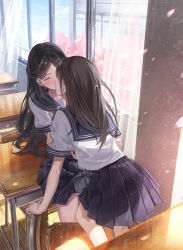 Rule 34 | 2girls, arm support, back, black hair, black skirt, blouse, blush, brown hair, chair, classroom, closed eyes, cloud, couple, curtains, day, desk, face-to-face, falling petals, glass, half updo, hand on another&#039;s arm, holding, holding another&#039;s arm, indoors, kiss, leaning back, leaning forward, leaning on person, long hair, miniskirt, multiple girls, original, petals, pleated skirt, school, school chair, school desk, school uniform, serafuku, shirt, short sleeves, skirt, sky, standing, transparent, tree, very long hair, white shirt, wind, window, yasuno (airy light), yuri