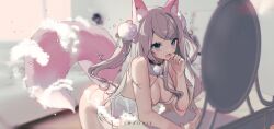 Rule 34 | 1girl, animal ear fluff, animal ears, artist name, bare shoulders, bent over, black choker, blue eyes, blurry, blurry background, blush, breasts, choker, cleavage, commentary, flower (symbol), grey hair, highres, indie virtual youtuber, leaning forward, leotard, long hair, looking at mirror, medium breasts, mirror, open mouth, shaoviie, solo, tail, thick eyelashes, two side up, upper body, wavy hair, white leotard