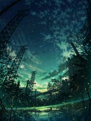 Rule 34 | blue theme, building, cloud, cola (gotouryouta), fireflies, meteor, night, night sky, no humans, original, ripples, ruins, scenery, shooting star, sky, star (sky), starry sky, transmission tower, branch, water