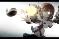 Rule 34 | 10s, 1girl, aiming, anime coloring, bullet, explosion, firing, furutaka (kancolle), glowing, glowing eye, goribote, kantai collection, letterboxed, muzzle flash, neckerchief, personification, school uniform, serafuku, short hair, solo, turret, yellow eyes