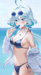 Rule 34 | 1girl, ahoge, alternate costume, bare shoulders, bikini, blue bikini, blue eyes, blue hair, blue nails, blush, breasts, cleavage, collarbone, eyewear on head, food in mouth, furina (genshin impact), genshin impact, hair between eyes, highres, jacket, jewelry, large breasts, long hair, looking at viewer, necklace, off shoulder, open clothes, open jacket, outdoors, popsicle, popsicle in mouth, side-tie bikini bottom, solo, sunglasses, swimsuit, unzipped, water, white jacket, wol (wol 927)