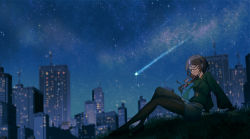 Rule 34 | 1girl, black footwear, black pantyhose, blue shorts, building, city, cityscape, closed eyes, closed mouth, commentary request, commission, full body, glasses, grass, haku (muc12b), highres, night, night sky, original, outdoors, pantyhose, pixiv commission, scenery, shorts, sitting, sky, skyscraper, smile, solo, star (sky), starry sky