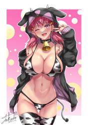 Rule 34 | 1girl, animal print, bell, bikini, black collar, breasts, chinese zodiac, cleavage, collar, cosplay, cow horns, cow print, cow tail, cowboy shot, creatures (company), curvy, dated, drawstring, earrings, fake horns, fake tail, game freak, gen 2 pokemon, gradient background, gym leader, hair ornament, hairclip, highres, hood, horns, jewelry, large breasts, lips, long sleeves, looking at viewer, miltank, miltank (cosplay), navel, neck bell, nintendo, one eye closed, open mouth, pink background, pink eyes, pink hair, pokemon, pokemon hgss, shiny skin, signature, smile, solo, stomach, swimsuit, tail, takecha, thigh gap, thighhighs, twintails, white bikini, white thighhighs, whitney (pokemon), year of the ox