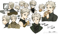 Rule 34 | 1boy, absurdres, bishounen, blue eyes, blush, burger, closed mouth, cropped torso, devil may cry (series), drink, eating, expressions, food, gloves, hair slicked back, highres, holding, holding burger, holding food, looking at viewer, male focus, multiple views, ning meng tou fa lan fa chou, open mouth, simple background, smile, solo, vergil (devil may cry), white background, white hair