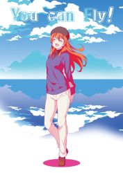 Rule 34 | 1girl, beret, blue sky, closed eyes, cloud, cloudy sky, commentary request, english text, female singer (love live!), full body, hat, jewelry, katoryu gotoku, long hair, love live!, love live! school idol project, love live! the school idol movie, necklace, ocean, orange hair, pants, sidelocks, sky, smile, solo, standing, white pants