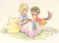 Rule 34 | 2girls, acrylic paint (medium), all fours, alternate color, animal ear fluff, animal ears, artist request, blonde hair, bloomers, bobby socks, brown eyes, brown hair, cat ears, cat tail, chen, chinese clothes, circle, closed mouth, commentary request, container, dated, dress, earrings, elbow sleeve, food, fox ears, fox tail, frilled sleeves, frills, full body, gradient background, grass, hair between eyes, holding, holding food, in container, jewelry, looking at viewer, looking back, looking to the side, mandarin collar, mouth hold, multiple girls, multiple tails, no headwear, no pants, no shoes, orange bloomers, orange shirt, painting (medium), pink dress, red vest, shirt, short hair, short sleeves, single earring, sitting, socks, tabard, tail, taiyaki, touhou, traditional media, two tails, vest, wagashi, watercolor (medium), white legwear, yakumo ran, yellow eyes, yellow neckwear
