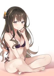 Rule 34 | 10s, 1girl, absurdres, bad id, bad twitter id, barefoot, bikini, blush, breasts, brown eyes, brown hair, cleavage, closed mouth, collarbone, fang, fang out, half updo, highres, indian style, kantai collection, long hair, looking at viewer, medium breasts, naganami (kancolle), natsu (sinker8c), navel, purple bikini, side-tie bikini bottom, sitting, smile, solo, strap pull, swimsuit, wavy hair