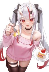 Rule 34 | 1girl, absurdres, bare shoulders, fanteam, highres, hololive, long sleeves, looking at viewer, nakiri ayame, oni horn, open mouth, red eyes, simple background, smile, solo, twintails, virtual youtuber, white hair