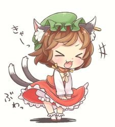 Rule 34 | &gt; &lt;, 1girl, :3, animal ears, bloomers, bow, brown hair, cat ears, cat tail, chen, chibi, closed eyes, clothes lift, commentary request, dress, dress lift, dress tug, earrings, fang, green hat, hat, ibaraki natou, jewelry, long sleeves, mob cap, multiple tails, nekomata, open mouth, red dress, short hair, simple background, single earring, socks, solo, tail, touhou, translation request, two tails, underwear, white background, white socks, yellow bow