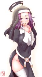 Rule 34 | 10s, cross, dated, halo, highres, kanon (kurogane knights), kantai collection, mechanical halo, no panties, nun, purple eyes, purple hair, simple background, solo, tatsuta (kancolle), thighhighs, white thighhighs