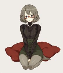 Rule 34 | 1girl, breasts, brown hair, glasses, highres, jewelry, looking at viewer, necklace, original, pantyhose, pearl necklace, ribbed sweater, solo, sweater, youcapriccio, yuu (higashi no penguin)
