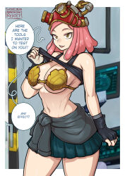 Rule 34 | 1girl, armor, bikini armor, black gloves, black tank top, boku no hero academia, breasts, clothes lift, commentary, commentary request, crosshair pupils, english commentary, english text, fingerless gloves, gloves, goggles, goggles on head, green skirt, hatsume mei, large breasts, medium hair, mixed-language commentary, navel, pink hair, pleated skirt, redjet, shirt lift, skirt, solo, speech bubble, tank top, yellow eyes