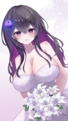 Rule 34 | 1girl, black hair, bouquet, breasts, cleavage, collarbone, colored inner hair, commission, crescent, crescent earrings, crossed bangs, dress, earrings, flower, hair ornament, highres, holding, holding bouquet, jewelry, large breasts, long hair, multicolored hair, ophelia midnight, purple eyes, purple hair, single earring, skeb commission, skull hair ornament, solo, strapless, strapless dress, uni (maru231), virtual youtuber, vreverie, wedding dress, white dress, white flower