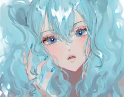 Rule 34 | 1girl, alternate hairstyle, blue eyes, blue hair, blue nails, eyelashes, hair between eyes, hand in own hair, hand up, hatsune miku, head tilt, long hair, looking at viewer, muksal, nail polish, parted lips, portrait, sketch, solo, twintails, vocaloid, wavy hair
