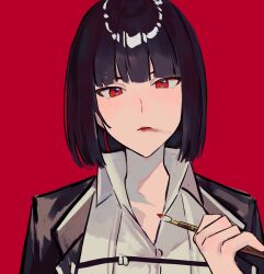 Rule 34 | 1girl, black coat, black hair, bob cut, coat, collared shirt, hand up, highres, holding, holding paintbrush, limbus company, long sleeves, looking at viewer, msx (mis4xi), paintbrush, portrait, project moon, red background, red eyes, ryoshu (project moon), shirt, short hair, simple background, solo, white shirt