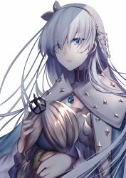 Rule 34 | 1girl, anastasia (fate), blue eyes, choker, eyes visible through hair, fate/grand order, fate (series), floating hair, grey hairband, hair between eyes, hair over one eye, hairband, highres, holding head, jewelry, long hair, looking at viewer, necklace, parted lips, rahato, silver hair, simple background, solo, upper body, very long hair, white background
