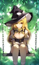 Rule 34 | 1girl, adapted costume, black dress, black hat, blonde hair, bow, braid, breasts, chain, chiroru (cheese-roll), cleavage, cleavage cutout, clothing cutout, commentary request, dress, feet out of frame, gloves, hair between eyes, hat, hat bow, highres, kirisame marisa, large breasts, leaf, long hair, looking at viewer, plant, puffy short sleeves, puffy sleeves, short sleeves, single braid, sitting, smile, socks, solo, swing, touhou, white bow, white gloves, white socks, witch hat, yellow eyes