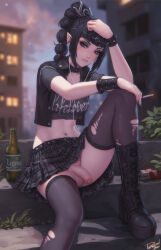 Rule 34 | 1girl, baldur&#039;s gate, baldur&#039;s gate 3, black collar, black hair, black thighhighs, blurry, blurry background, bracelet, braid, braided ponytail, breasts, cigarette, circlet, collar, crop top, cropped jacket, dungeons &amp; dragons, elf, eyeshadow, foreskin, futanari, green eyes, highres, holding, holding cigarette, jacket, jewelry, lips, long hair, looking at viewer, makeup, medium breasts, midriff, navel, no panties, open clothes, open jacket, penis, personal ami, phimosis, plaid, plaid skirt, pleated skirt, pointy ears, runny makeup, scar, scar on face, shadowheart (baldur&#039;s gate), short sleeves, sitting, skirt, sleeveless, sleeveless jacket, smoke, smoking, solo, spiked bracelet, spikes, testicles, thighhighs, torn clothes, torn thighhighs, uncensored