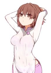 Rule 34 | 1girl, arms behind head, arms up, breasts, brown eyes, brown hair, closed mouth, commentary request, dress, hair between eyes, i.u.y, long sleeves, looking at viewer, medium breasts, misaka worst, pants, pelvic curtain, pink pants, pouty lips, short hair, simple background, solo, toaru majutsu no index, upper body, white background, white dress
